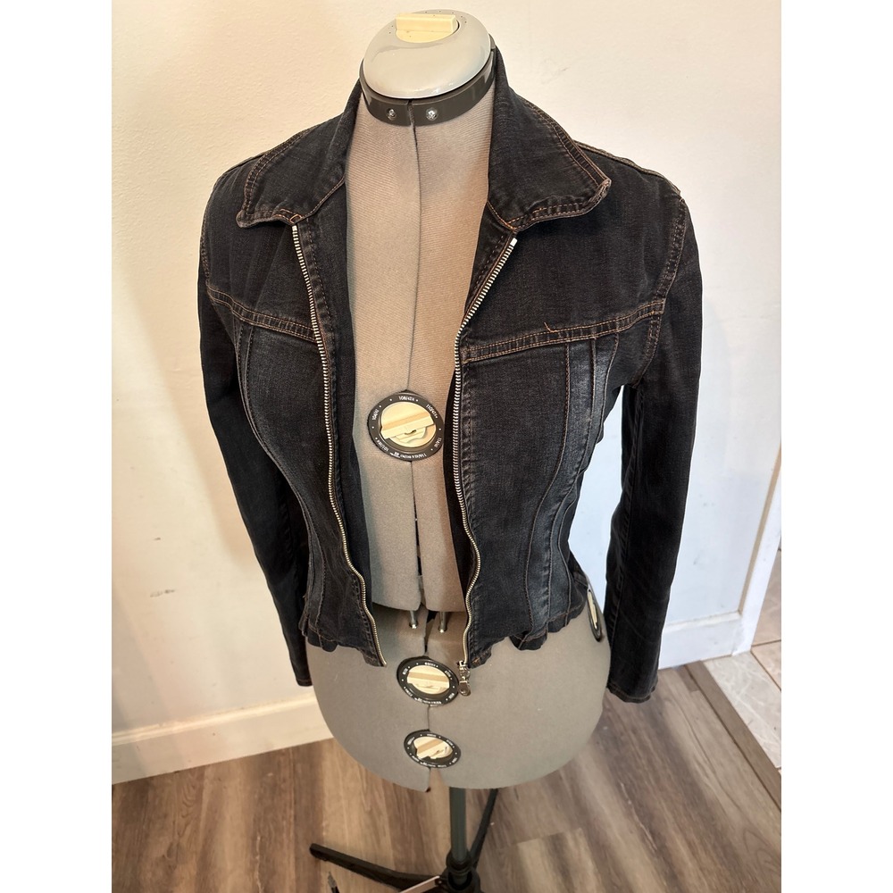 Asia Jeans Denim Jacket Women Small Black Dark Wash Fair Distressed Zip Up Moto